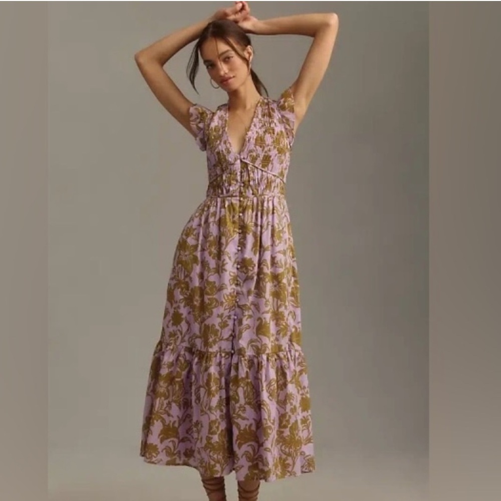 Anthropologie Purple and Brown Smocked Sundress